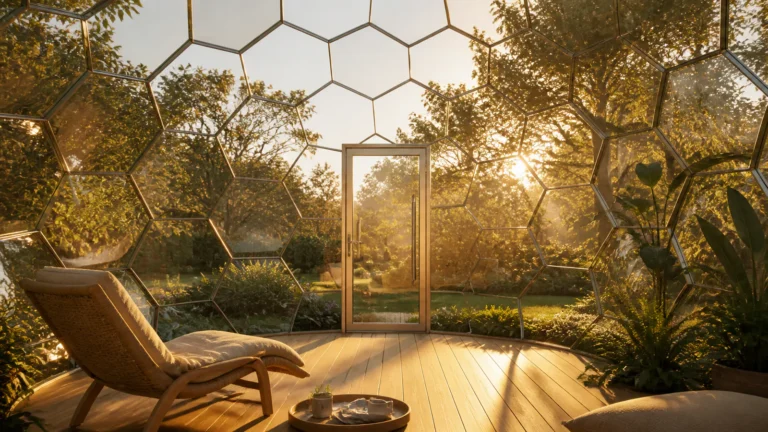 Transparent backyard geodesic dome with premium lounge interior and warm evening lighting
