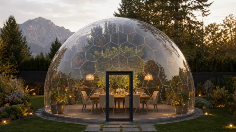 Four-season home dome beside a Canadian house with a premium rectangular glass door