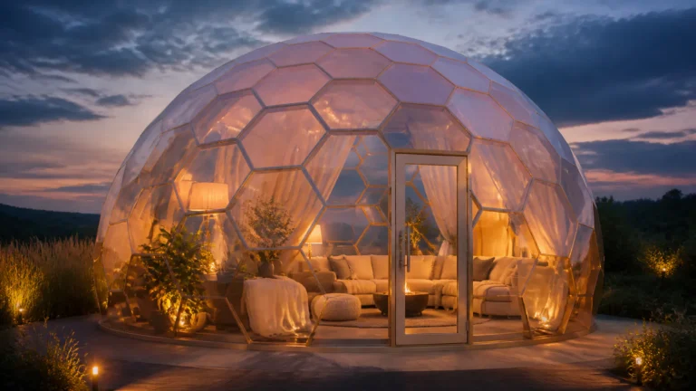 Family enjoying a warm transparent dome lounge in a landscaped backyard