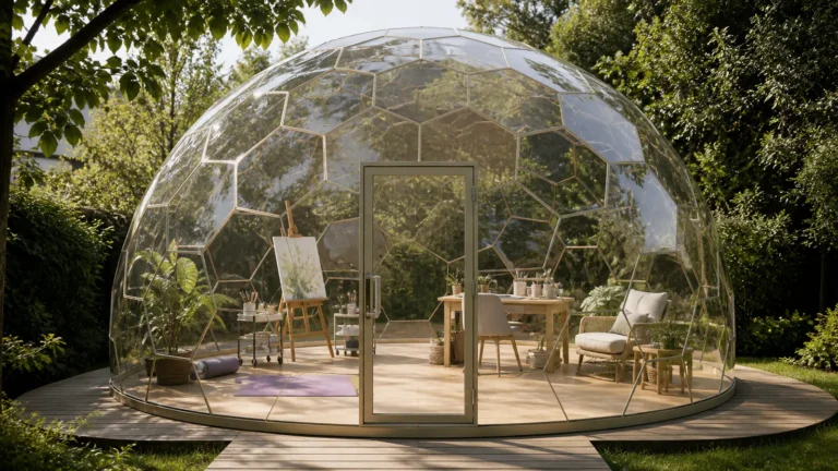 Bright backyard dome arranged as a home office, wellness room, or creative studio