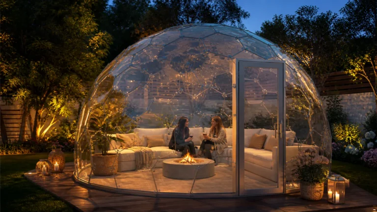 Custom home dome interior with lounge furniture, plants, privacy curtains, and natural light